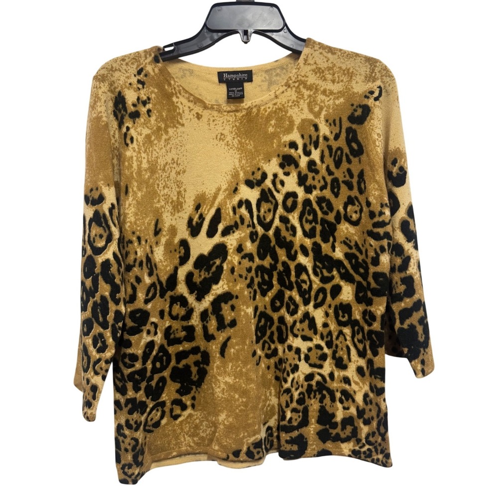 Hampshire Studio Luxelon Leopard Print Sweater Womens Medium Mustard Yellow 3/4